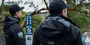A pair of CRD Parks Rangers patrolling a regional park.