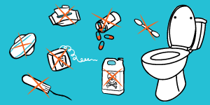 Infographic showing items not to flush down the toilet.