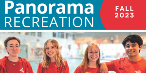 Four youths smile at the camera in front of a pool for Panorama Recreation's Fall 2023 recreation cover.